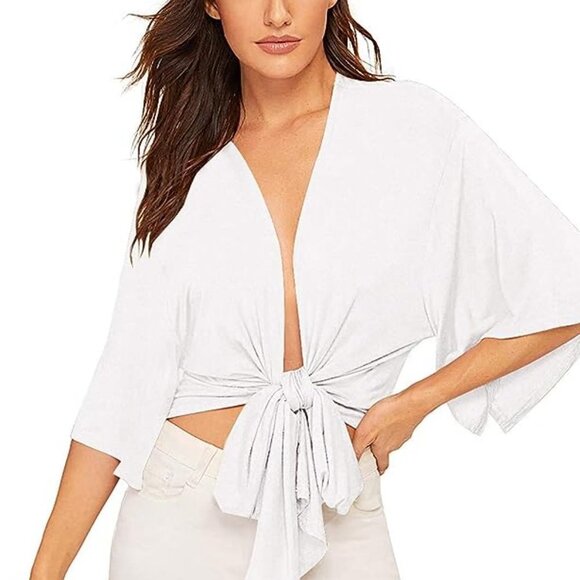 Women's Short Sleeve Deep V Neck Tie Front Basic Solid Crop Top - Picture 3 of 5